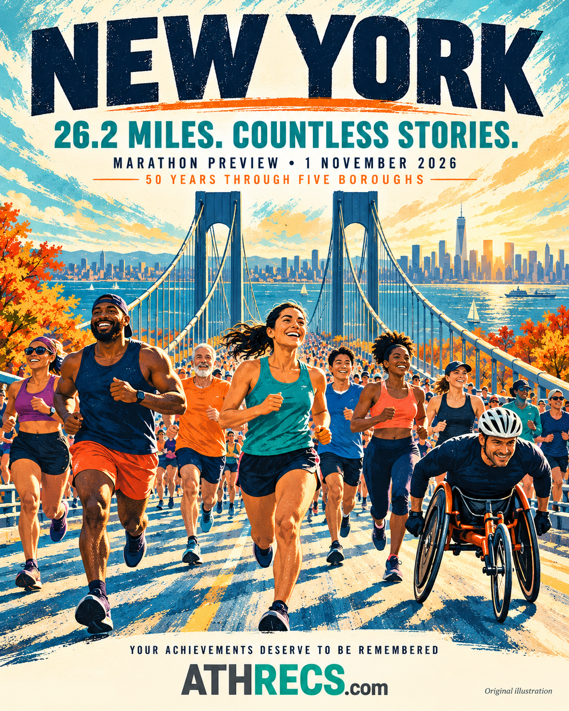 Original AthRecs illustration of runners and a wheelchair racer with a New York suspension bridge and skyline, promoting the marathon on 1 November 2026.